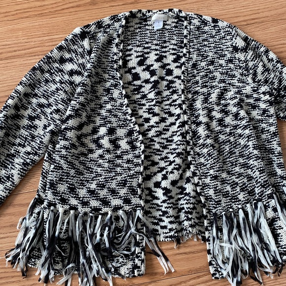 CHICO'S BLACK & WHITE STRIPEY FRINGE SANYA CARDIGAN SWEATER $109 SIZE 1 BOHO - Picture 2 of 12
